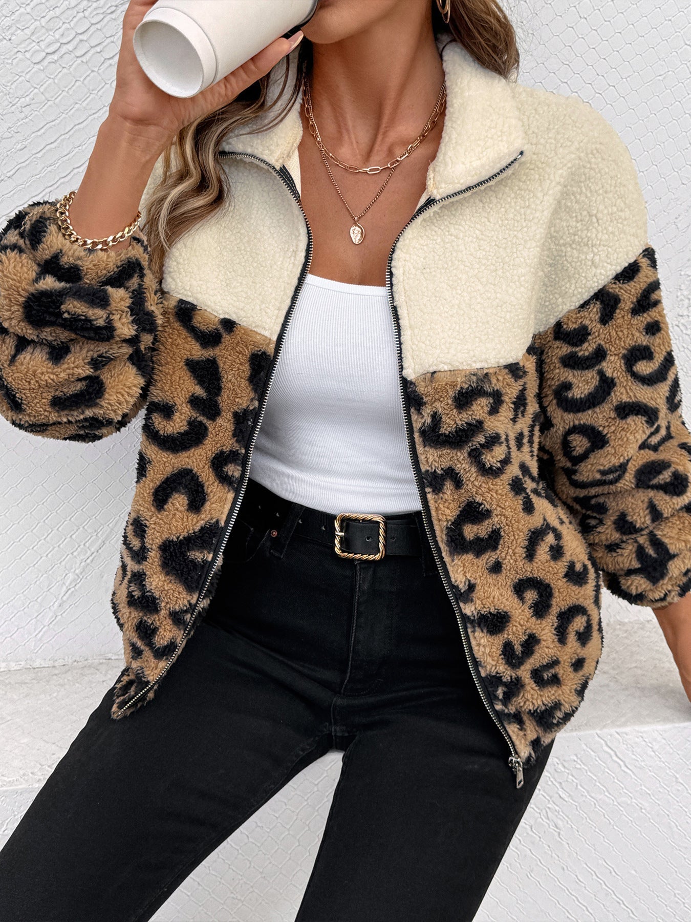 Colorblock Animal Print Sherpa Jacket