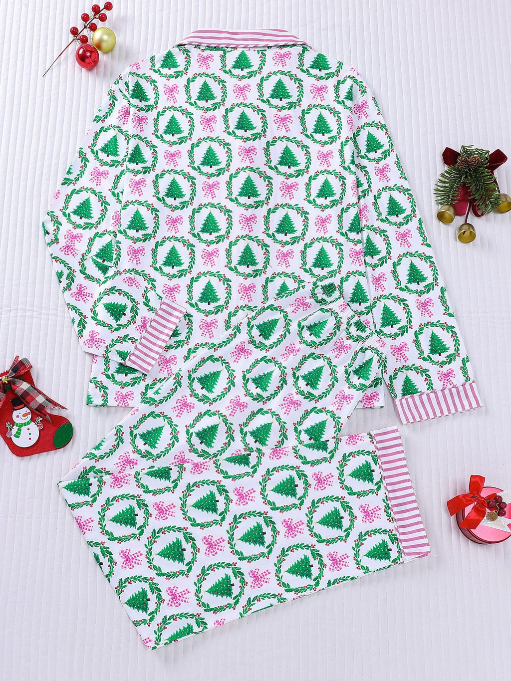 Pink Bow Christmas Trees Long Sleeve Pajama Set
