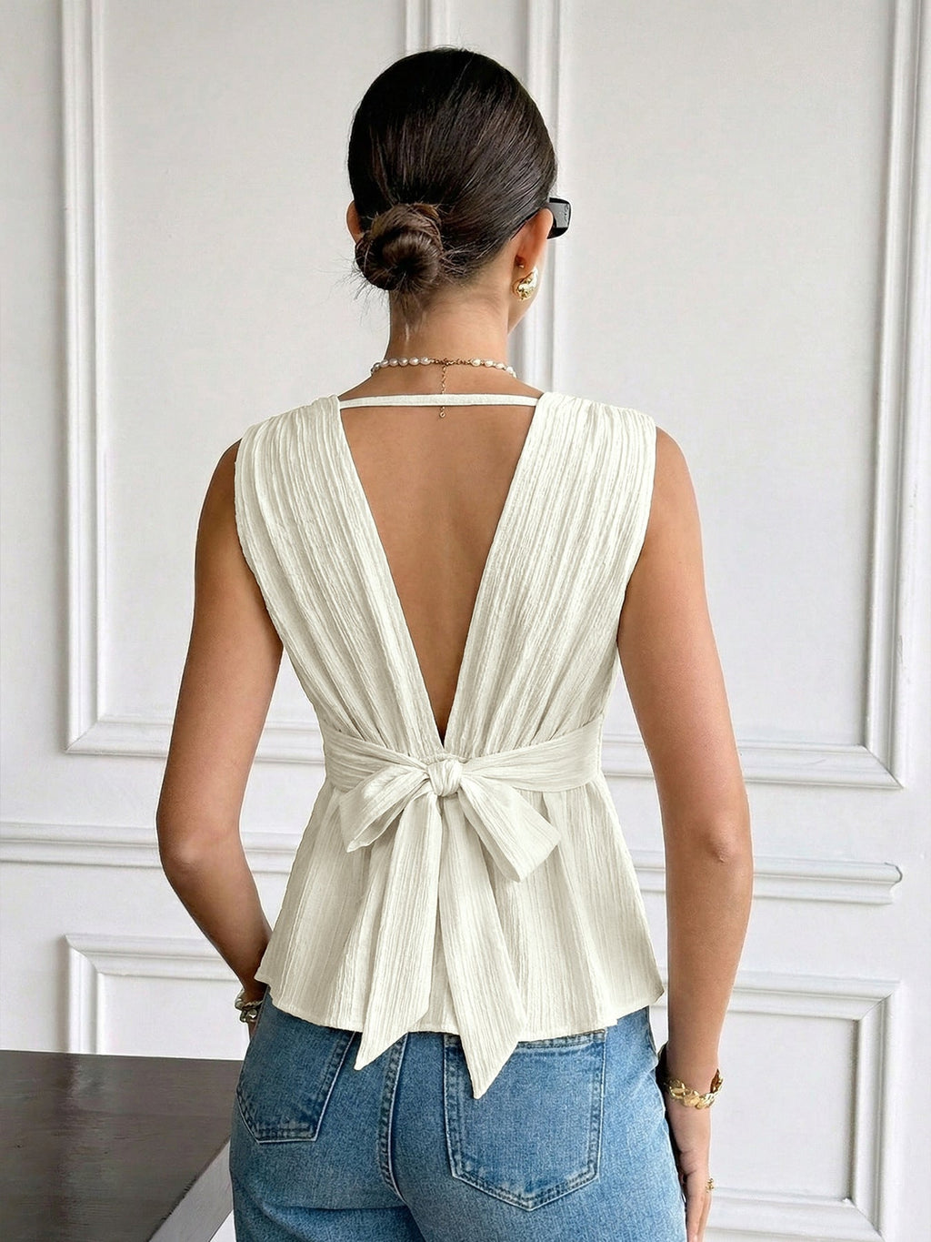 Textured Open Back Tie Waist Top
