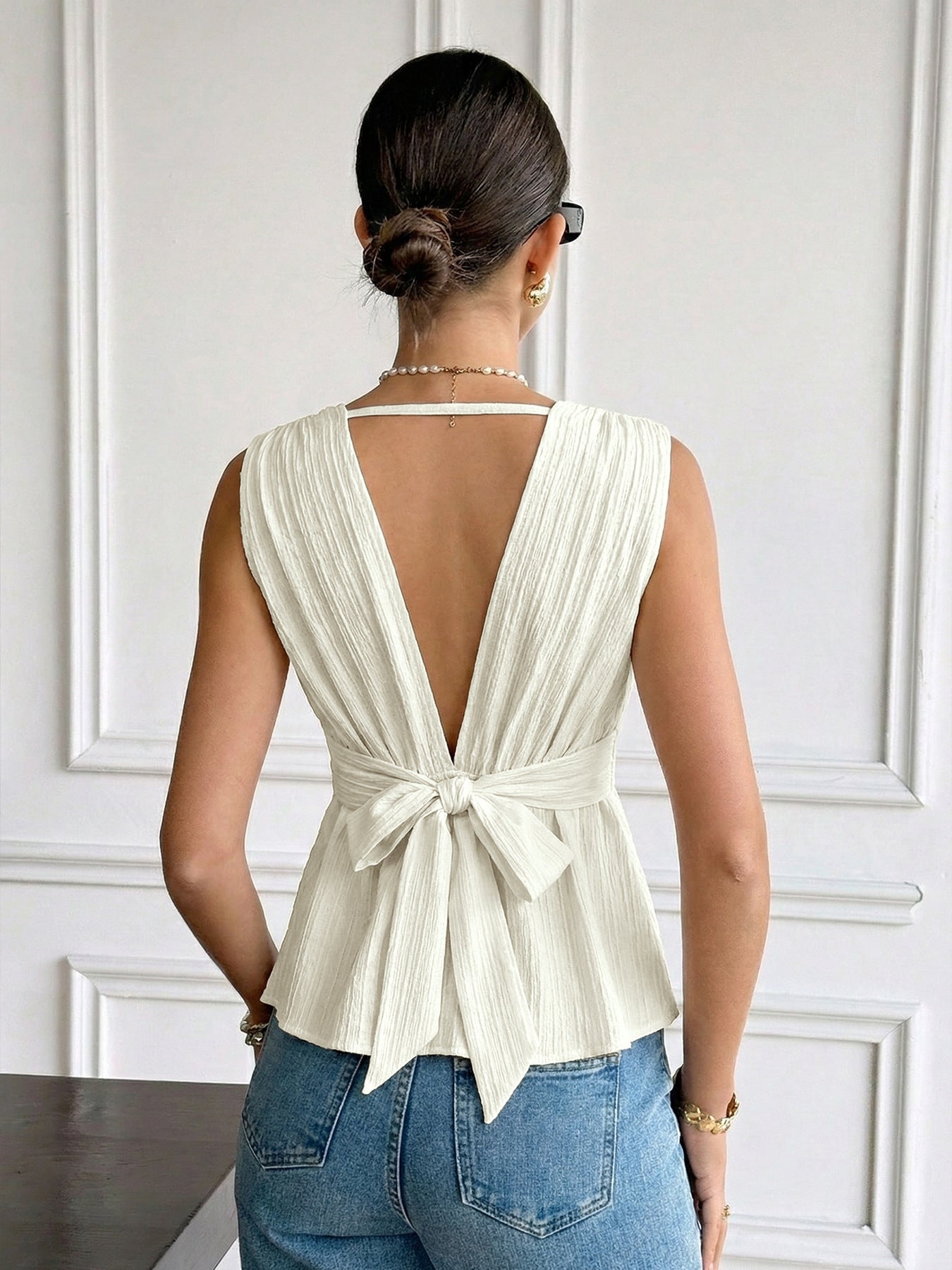 Textured Open Back Tie Waist Top