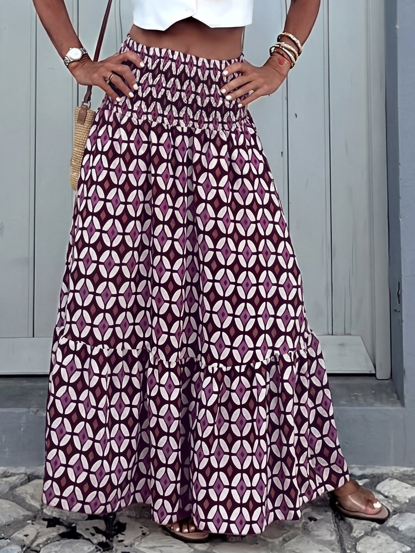 Plum Geo Print Smocked Maxi Skirt