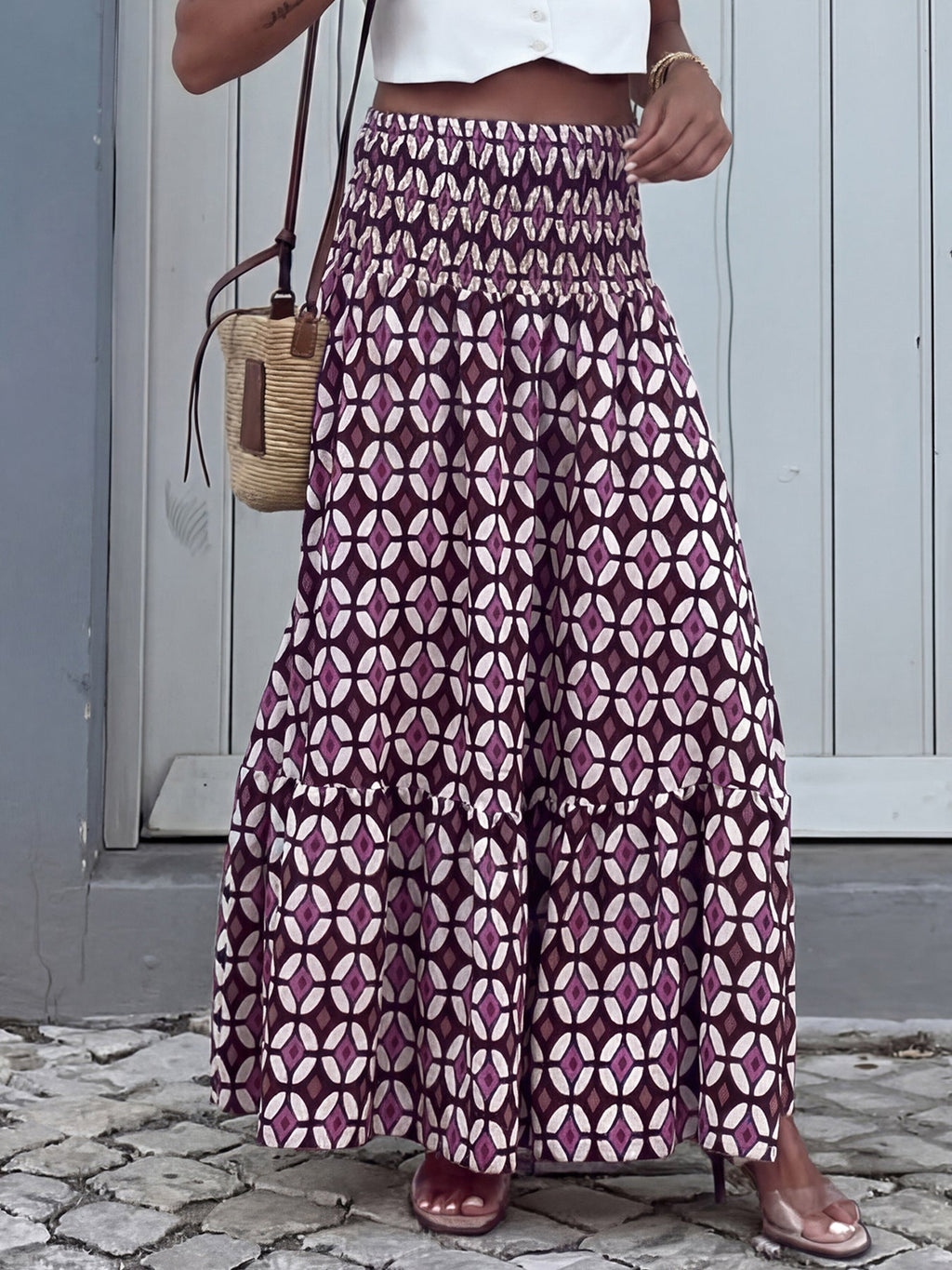 Plum Geo Print Smocked Maxi Skirt