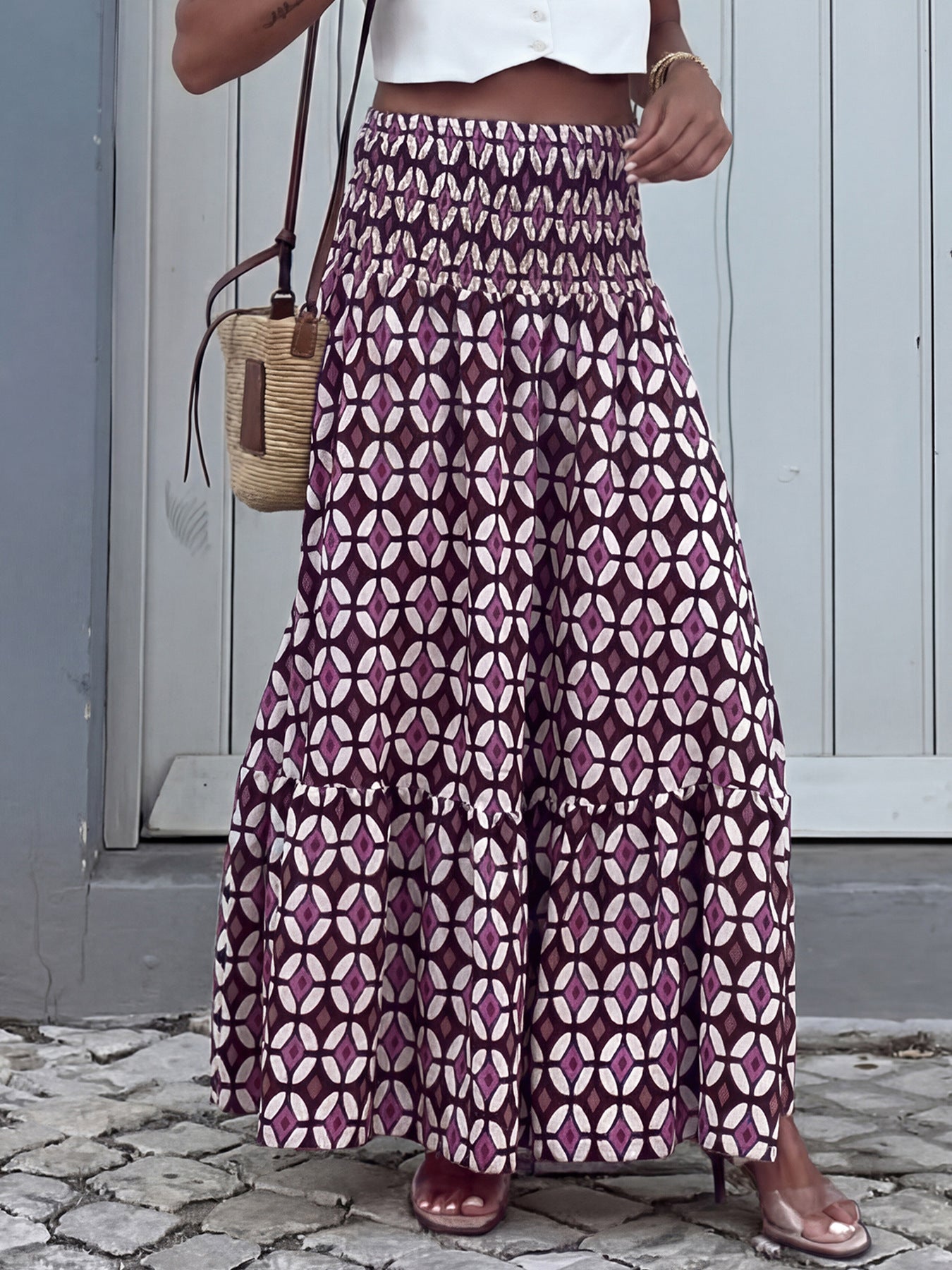 Plum Geo Print Smocked Maxi Skirt