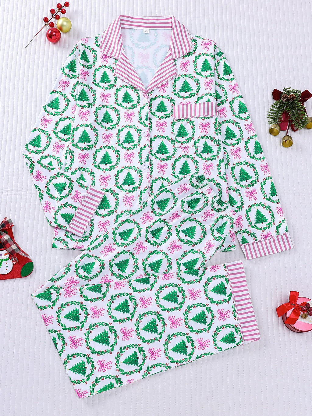 Pink Bow Christmas Trees Long Sleeve Pajama Set