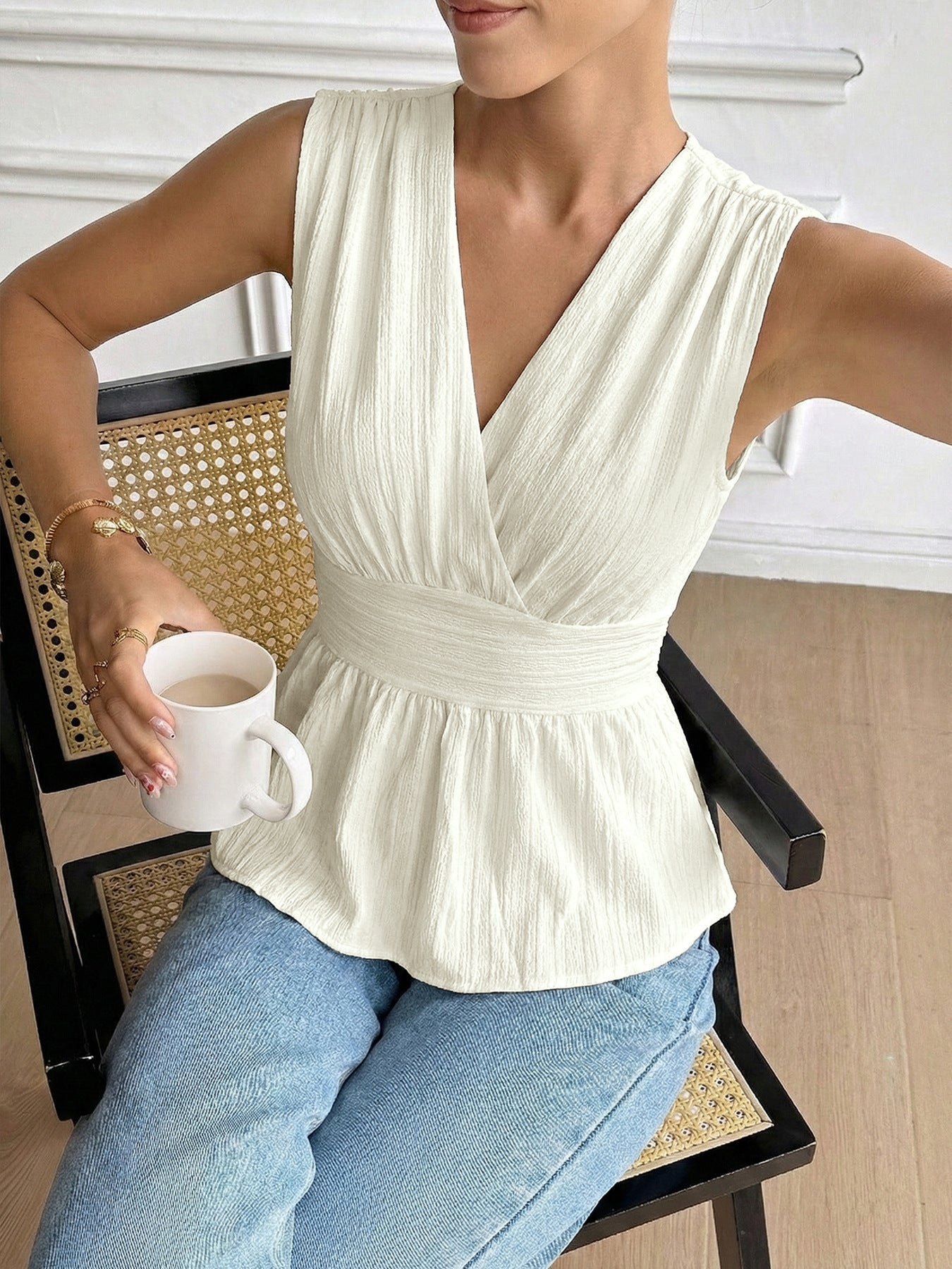 Textured Open Back Tie Waist Top
