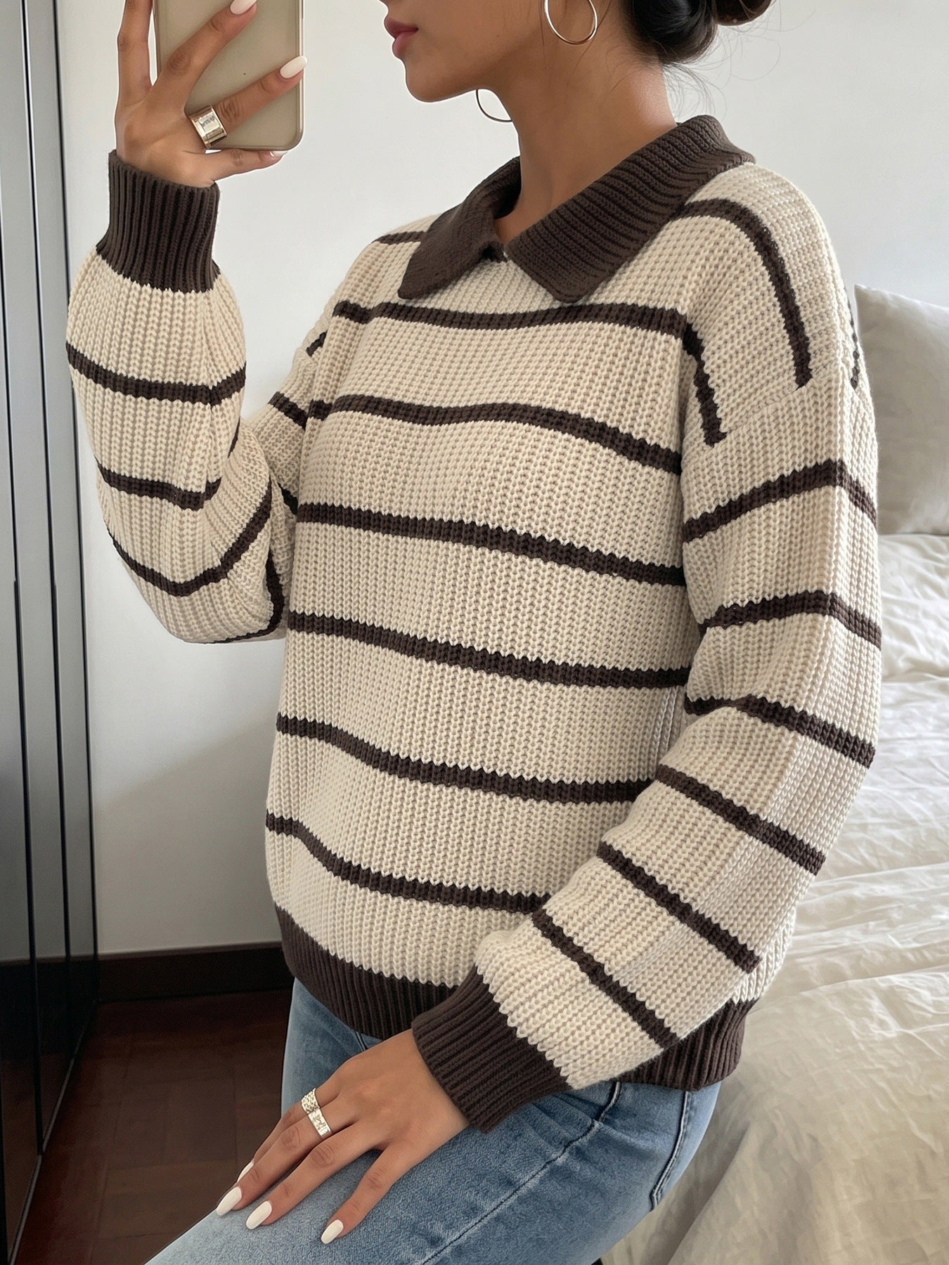 Contrast Stripe Collared Knit Sweater