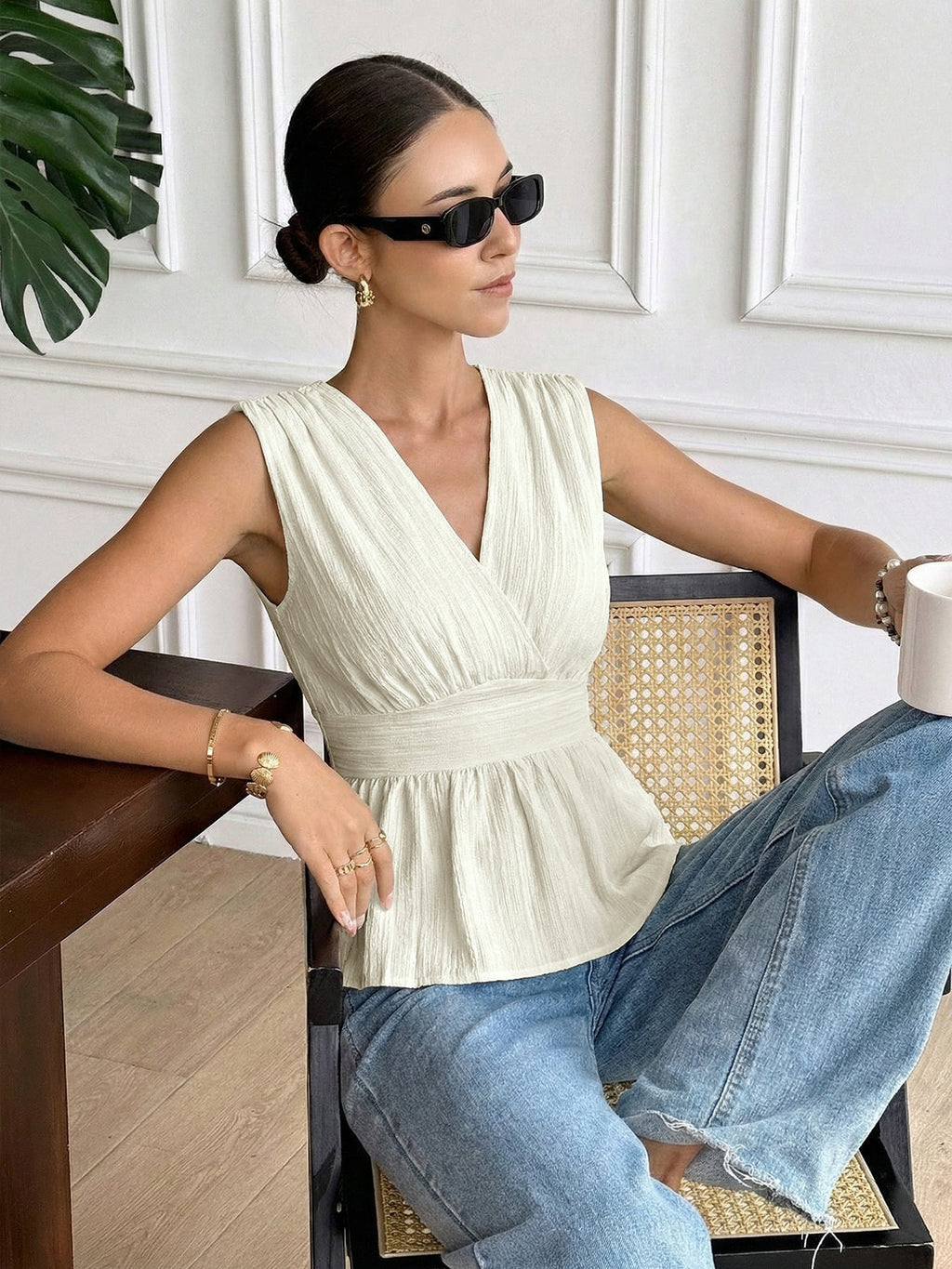 Textured Open Back Tie Waist Top