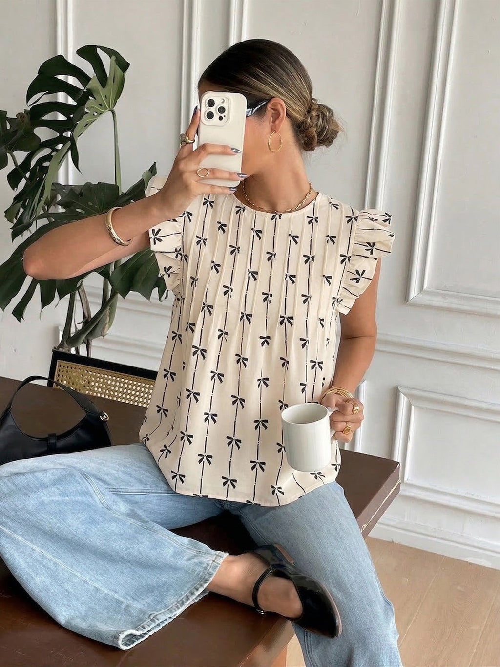 Bow Print Ruffle Sleeve Blouse