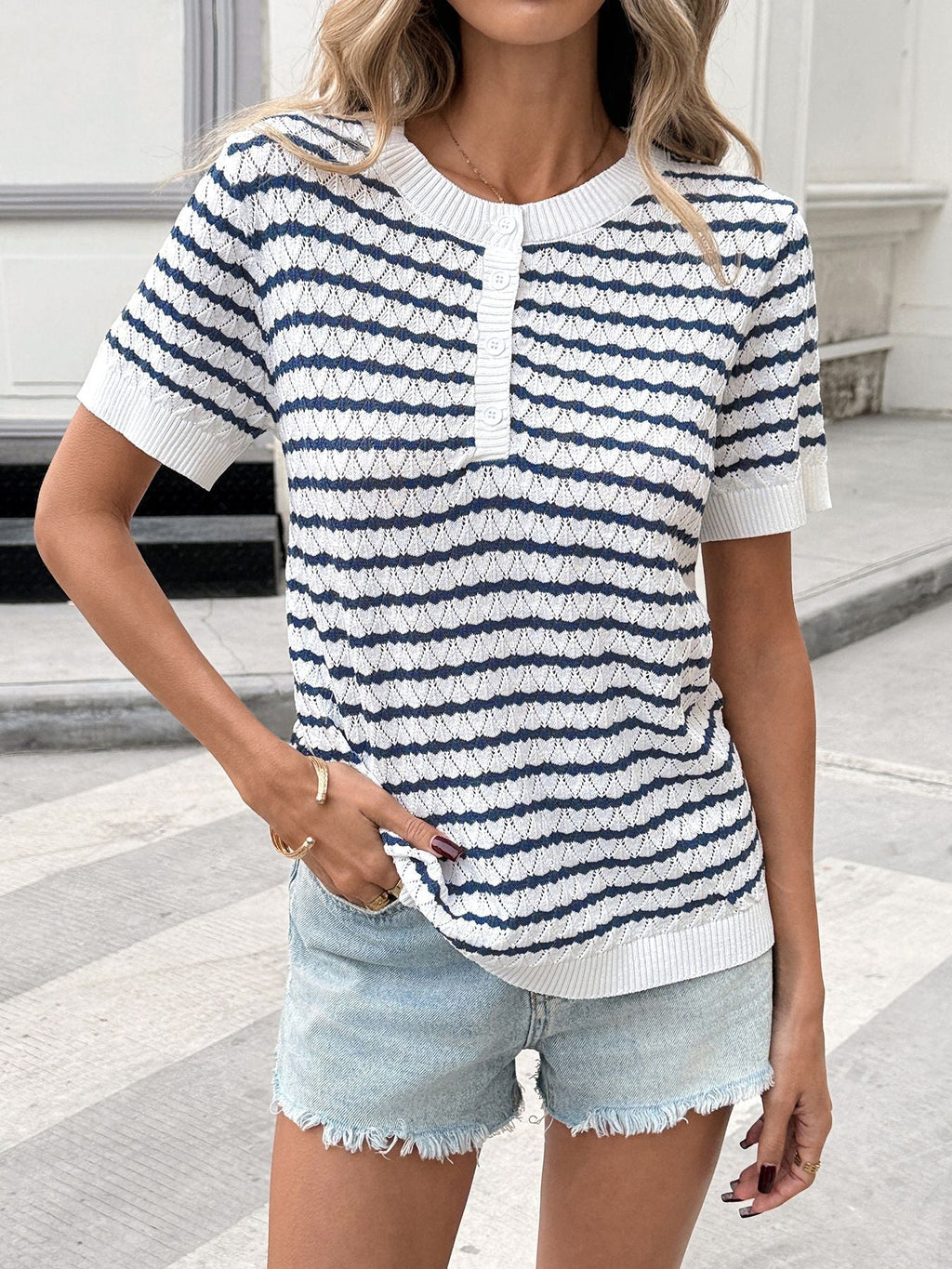 Striped Knit Button Detail Short Sleeve Top