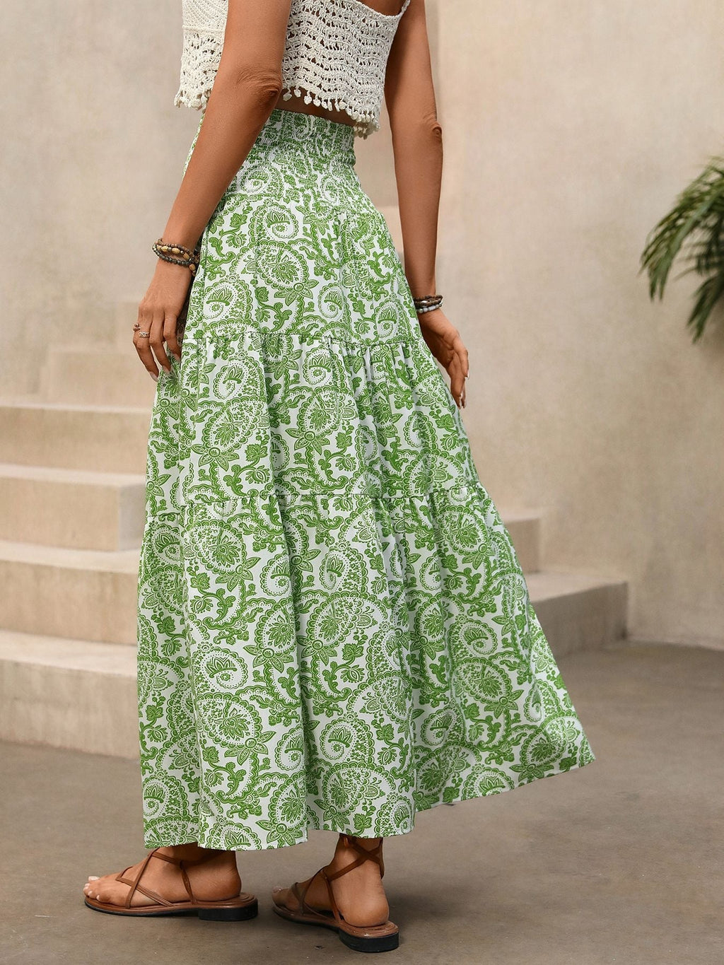 Green Paisley Tiered Maxi Skirt
