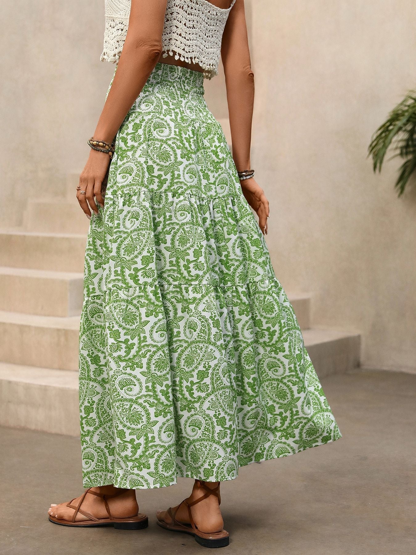 Green Paisley Tiered Maxi Skirt