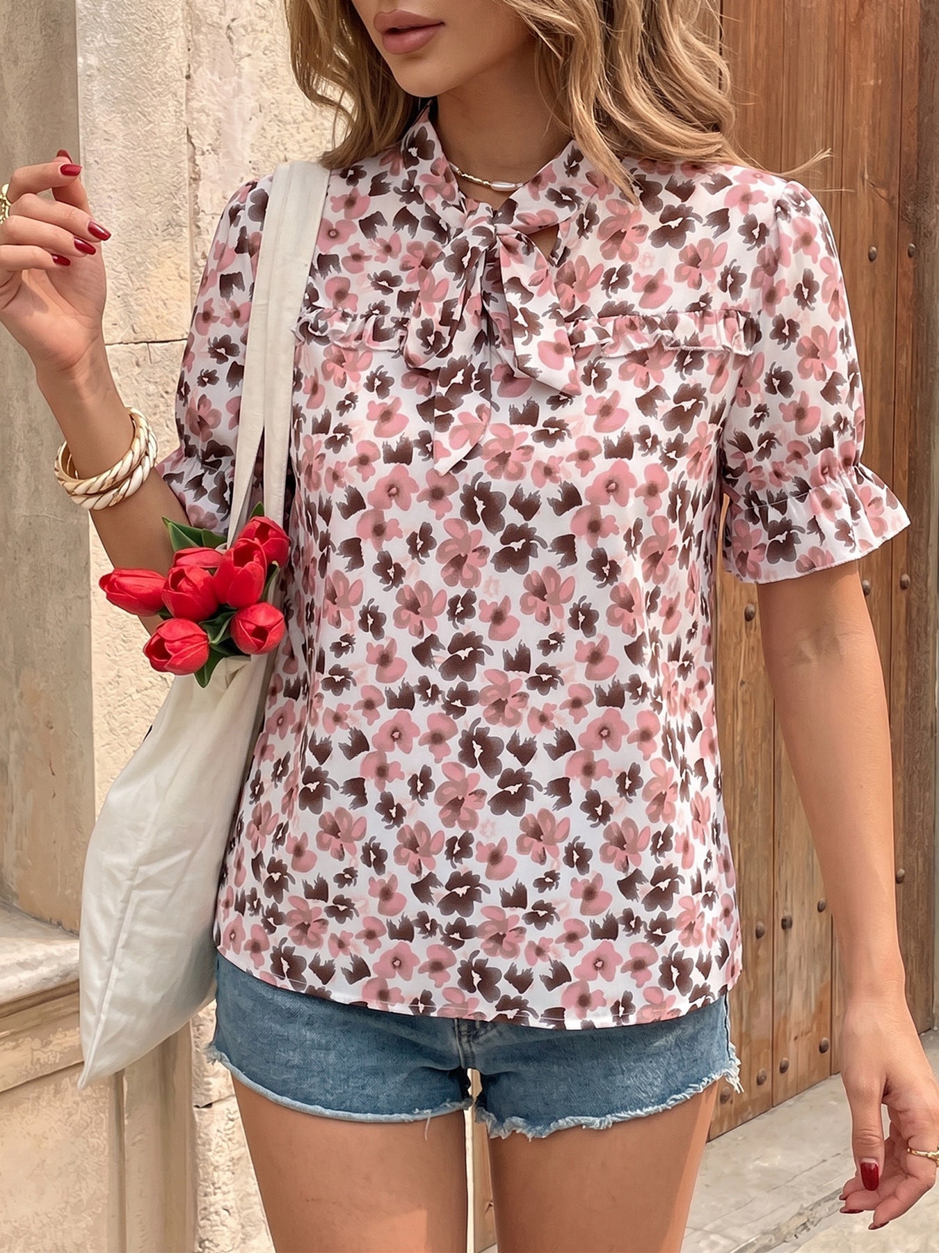 Blush Bloom Tie Neck Floral Blouse