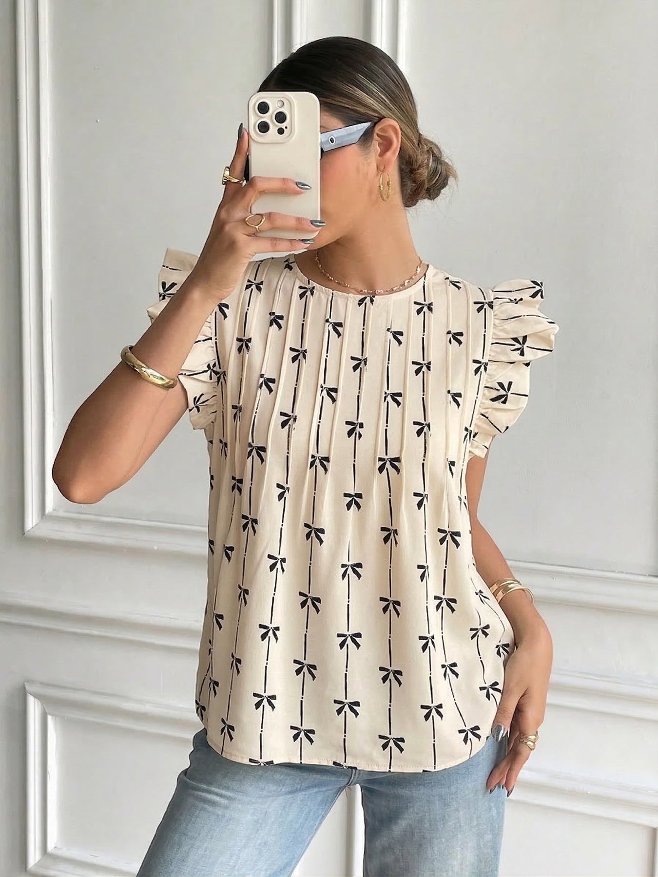 Bow Print Ruffle Sleeve Blouse