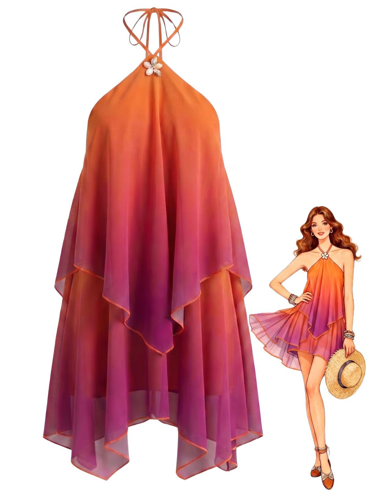 Orange 1960s Gradient Halter Layered Chiffon Mini Dress