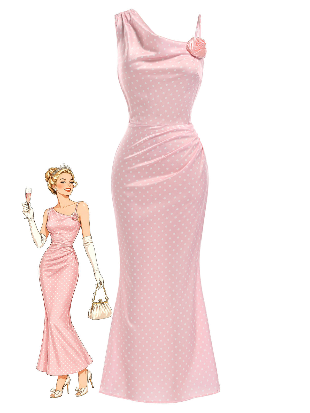 Pink 1930s Polka Dot 3D Rose Satin Mermaid Dress