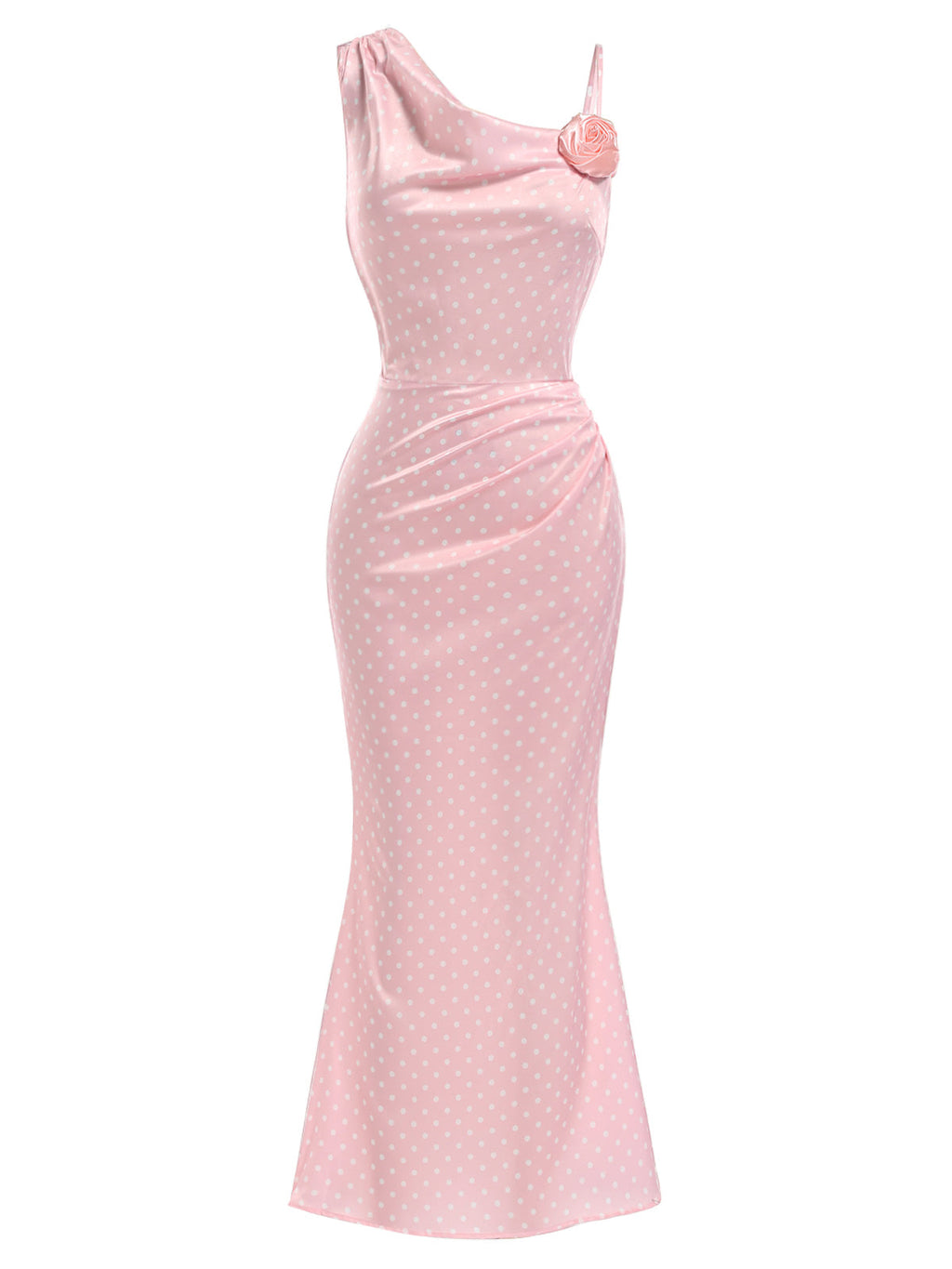 Pink 1930s Polka Dot 3D Rose Satin Mermaid Dress