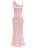 Pink 1930s Polka Dot 3D Rose Satin Mermaid Dress