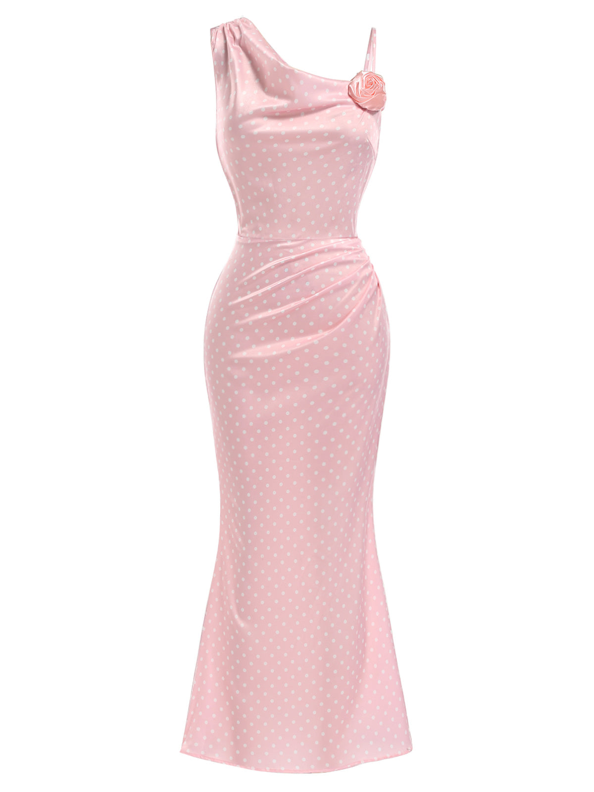Pink 1930s Polka Dot 3D Rose Satin Mermaid Dress
