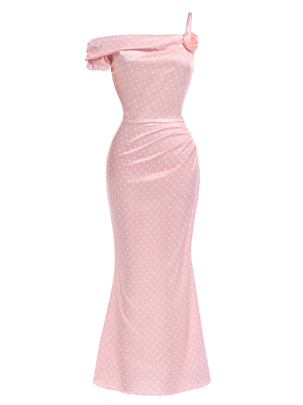 Pink 1930s Polka Dot 3D Rose Satin Mermaid Dress