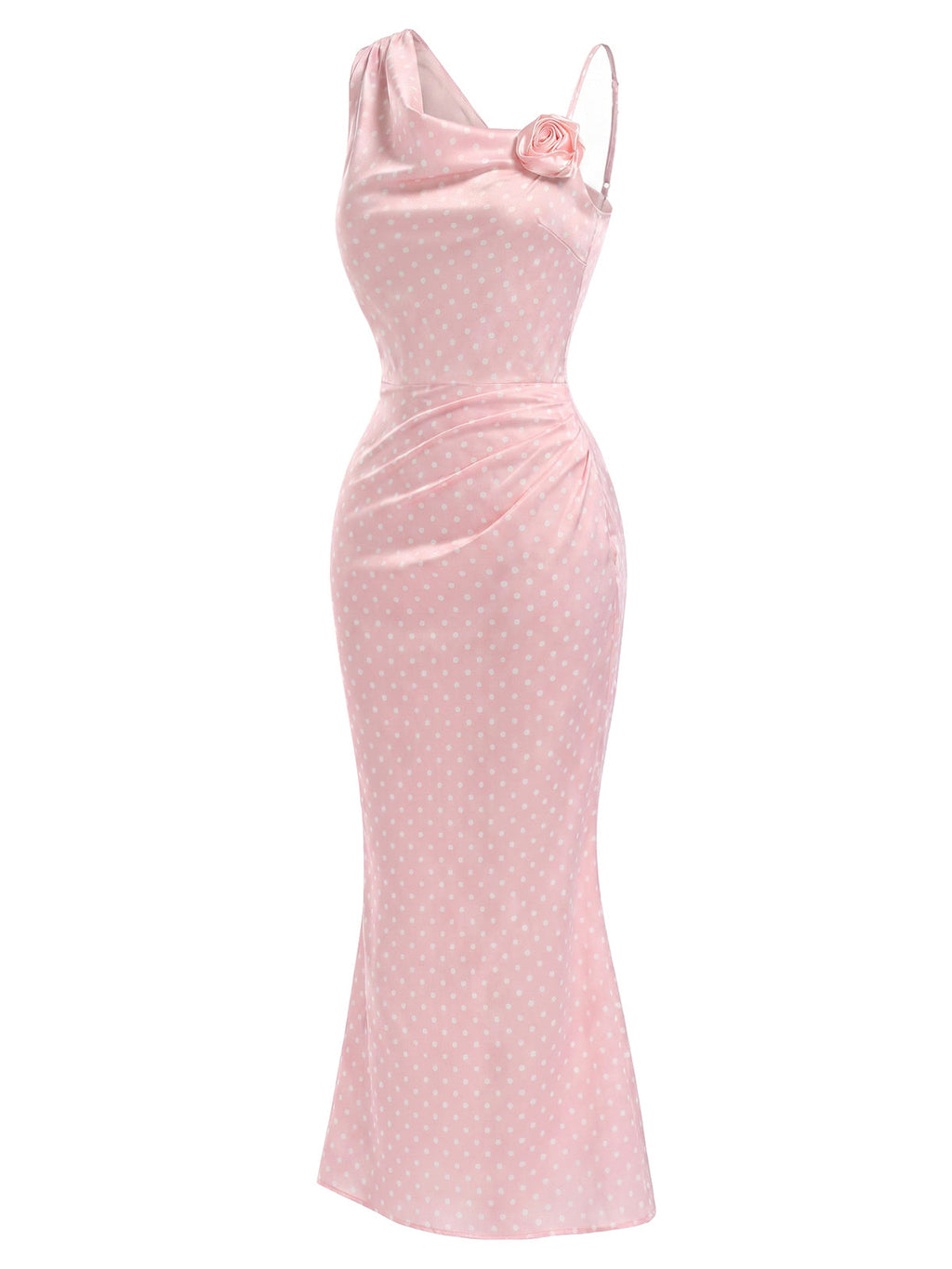 Pink 1930s Polka Dot 3D Rose Satin Mermaid Dress