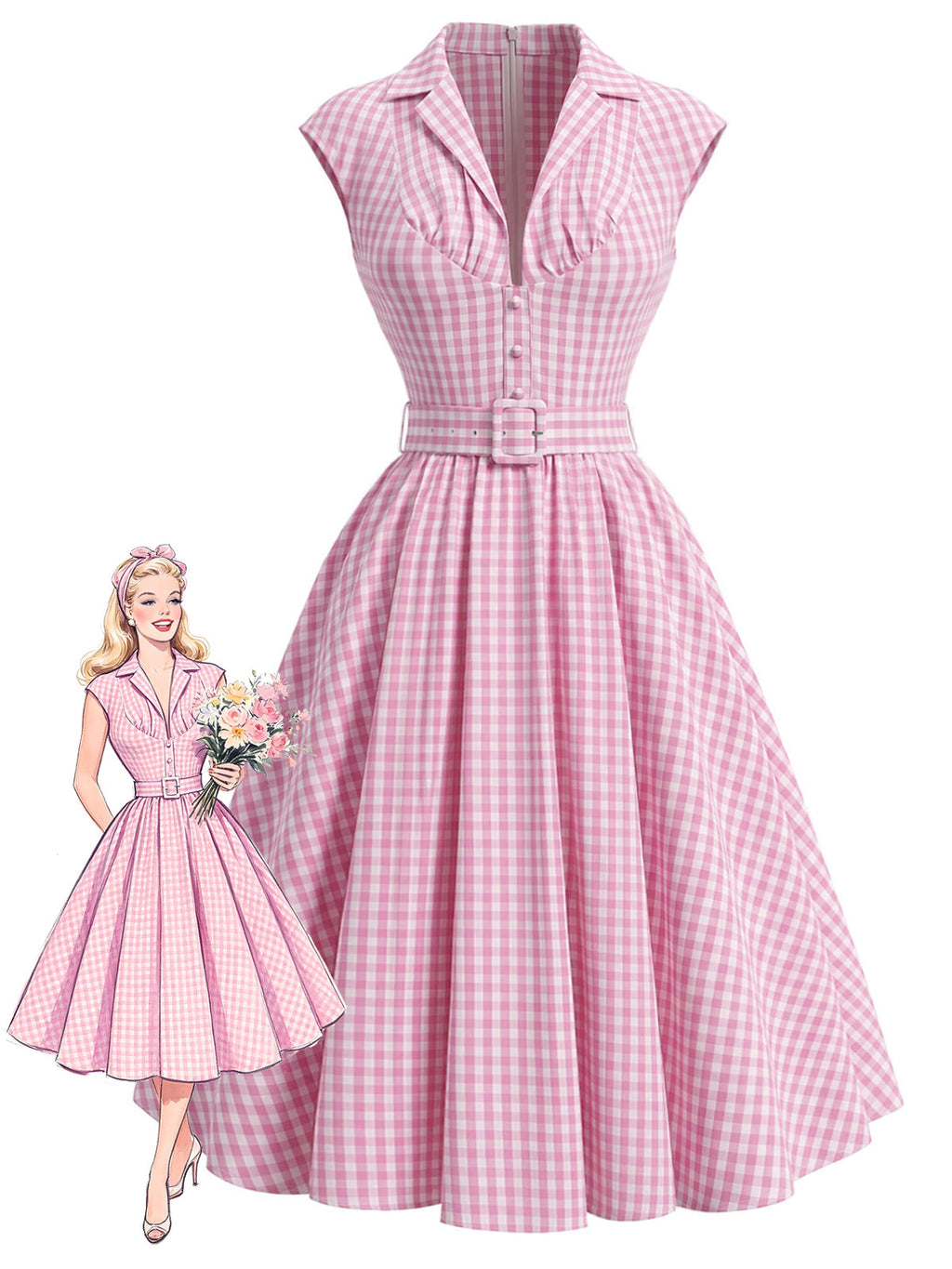 Pink 1940s Gingham Lapel V-Neck Belted Swing Dress