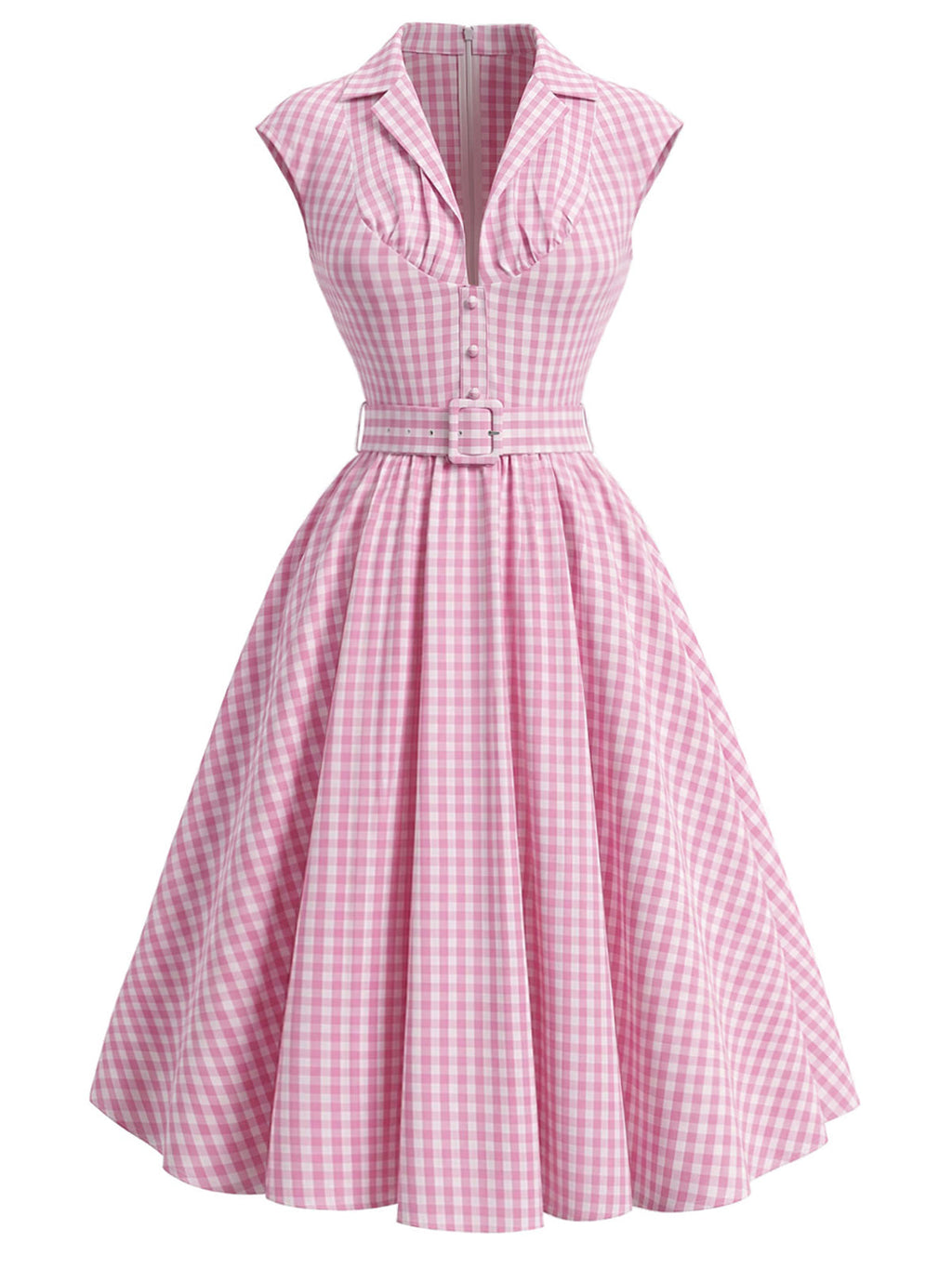 Pink 1940s Gingham Lapel V-Neck Belted Swing Dress