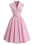 Pink 1940s Gingham Lapel V-Neck Belted Swing Dress