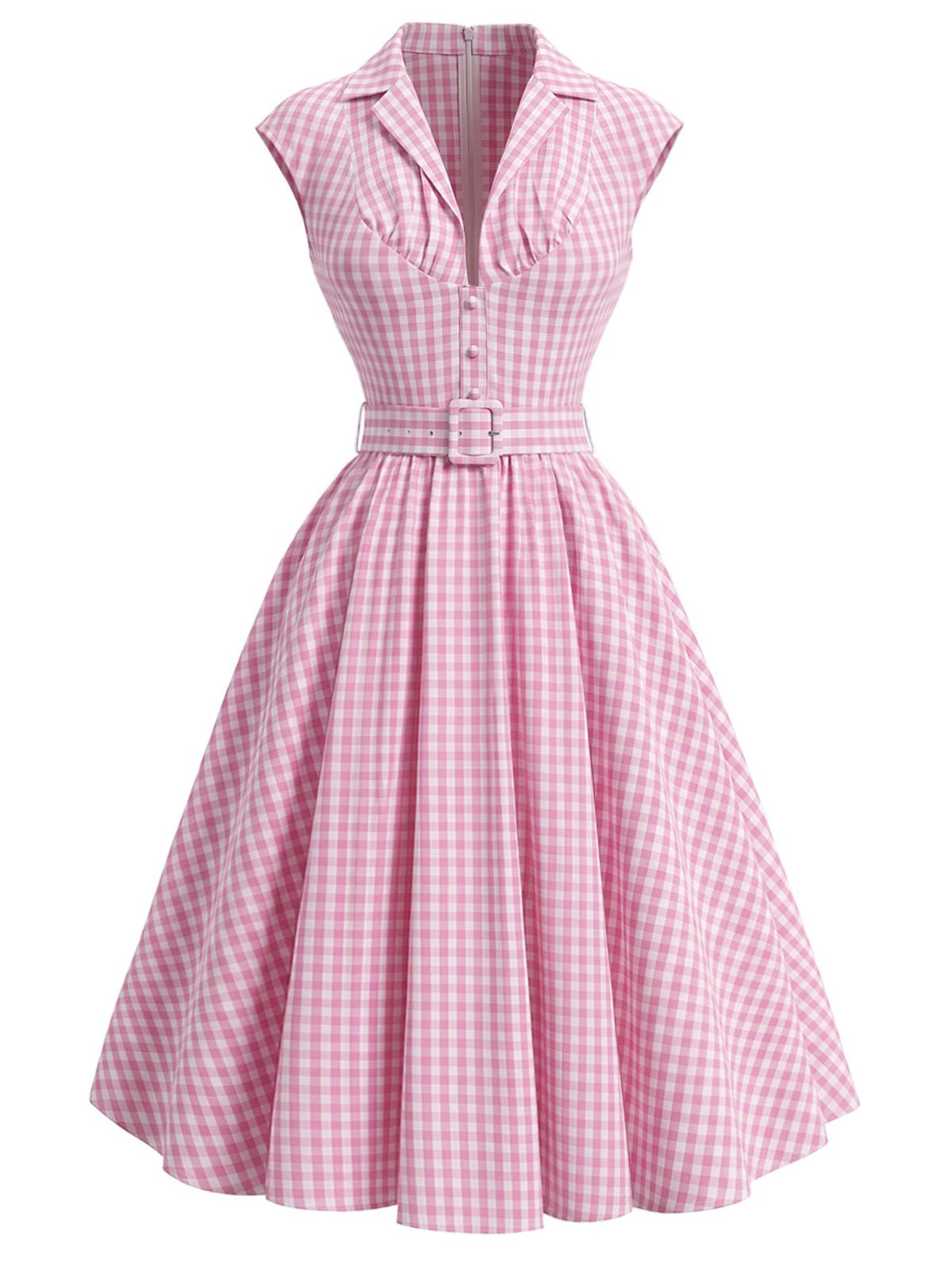 Pink 1940s Gingham Lapel V-Neck Belted Swing Dress