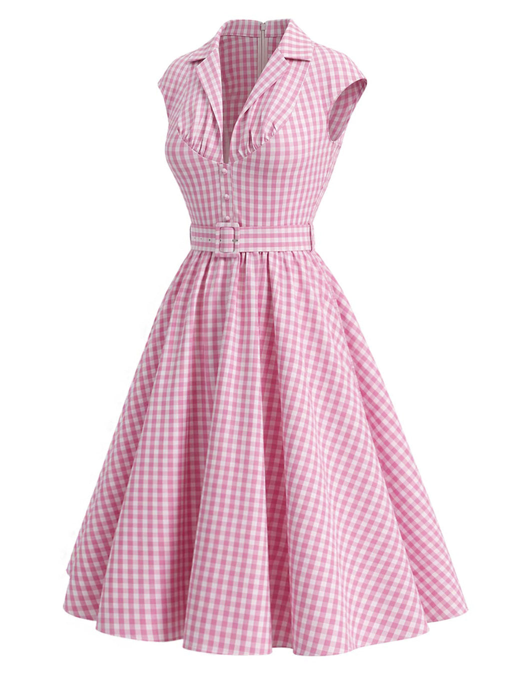 Pink 1940s Gingham Lapel V-Neck Belted Swing Dress