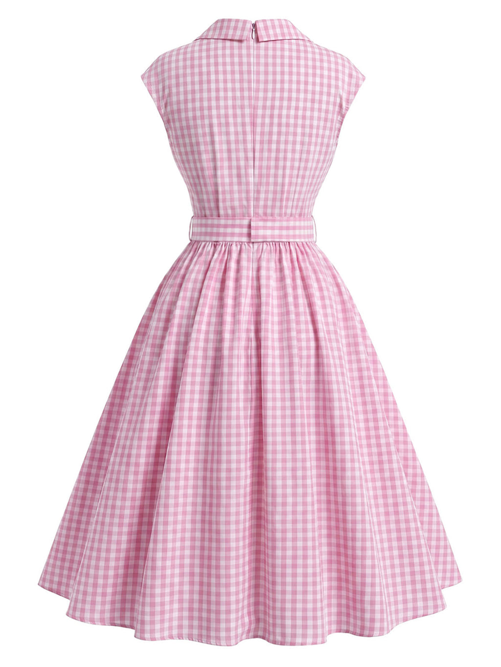 Pink 1940s Gingham Lapel V-Neck Belted Swing Dress