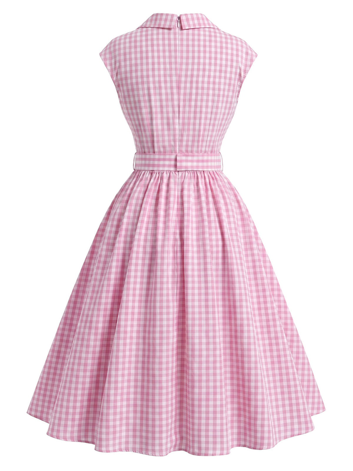 Pink 1940s Gingham Lapel V-Neck Belted Swing Dress