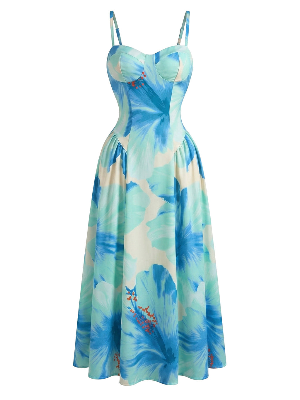 Blue 1930s Sweetheart Neck Spaghetti Strap Floral Midi Dress